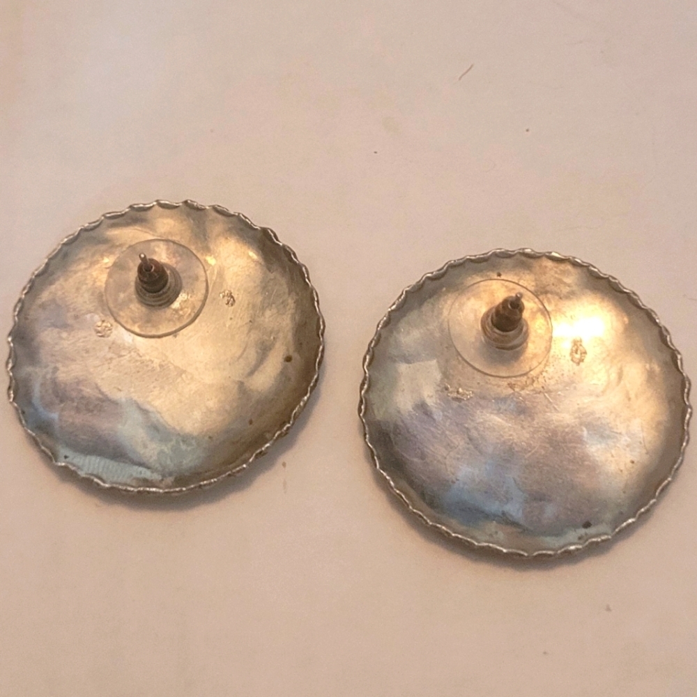 Earrings Texas shape brass inlay silver plate button 1.5" diameter pierced post - Picture 2 of 4